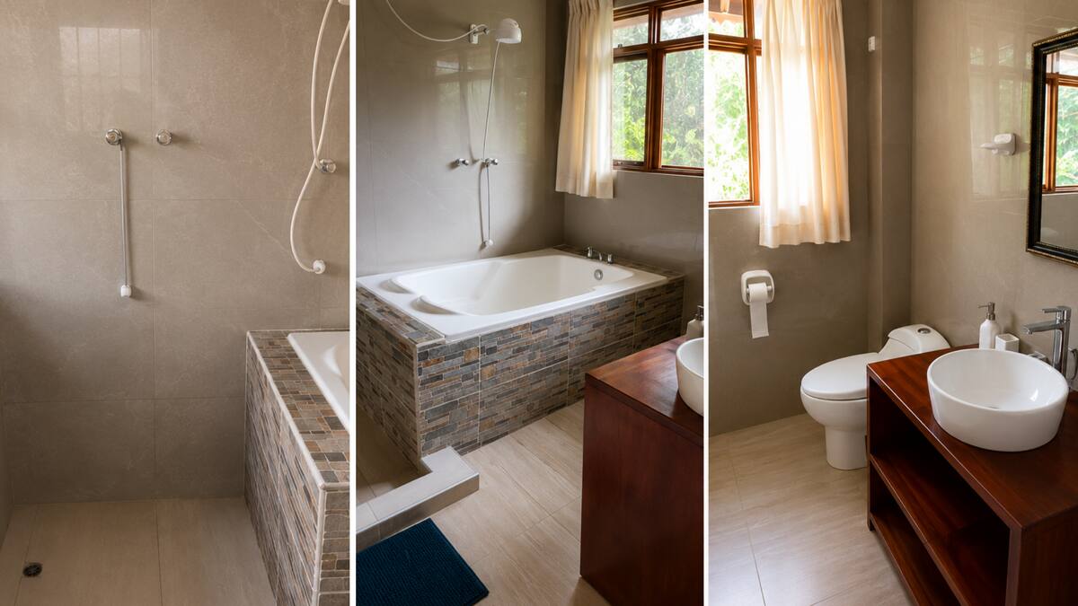 Baño completo con tina y acabados en piedra natural