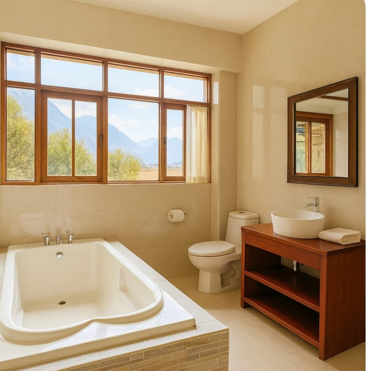 Baño completo con tina, ventana y vista al exterior