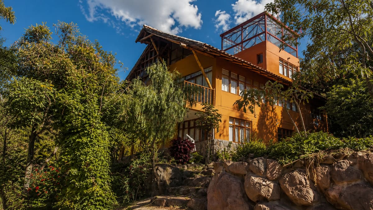 La casa vista entre los árboles del bosque de la propiedad