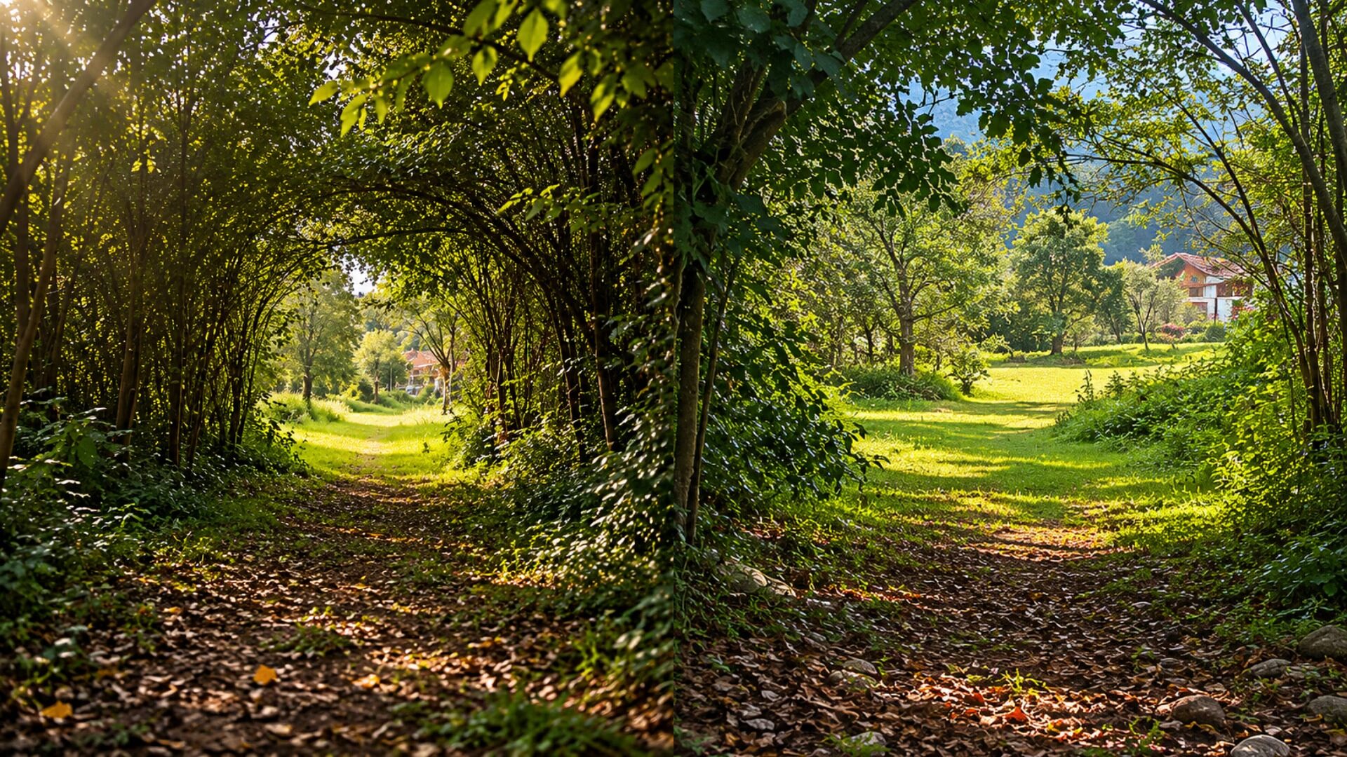 Camino del jardín bajo un túnel natural de árboles