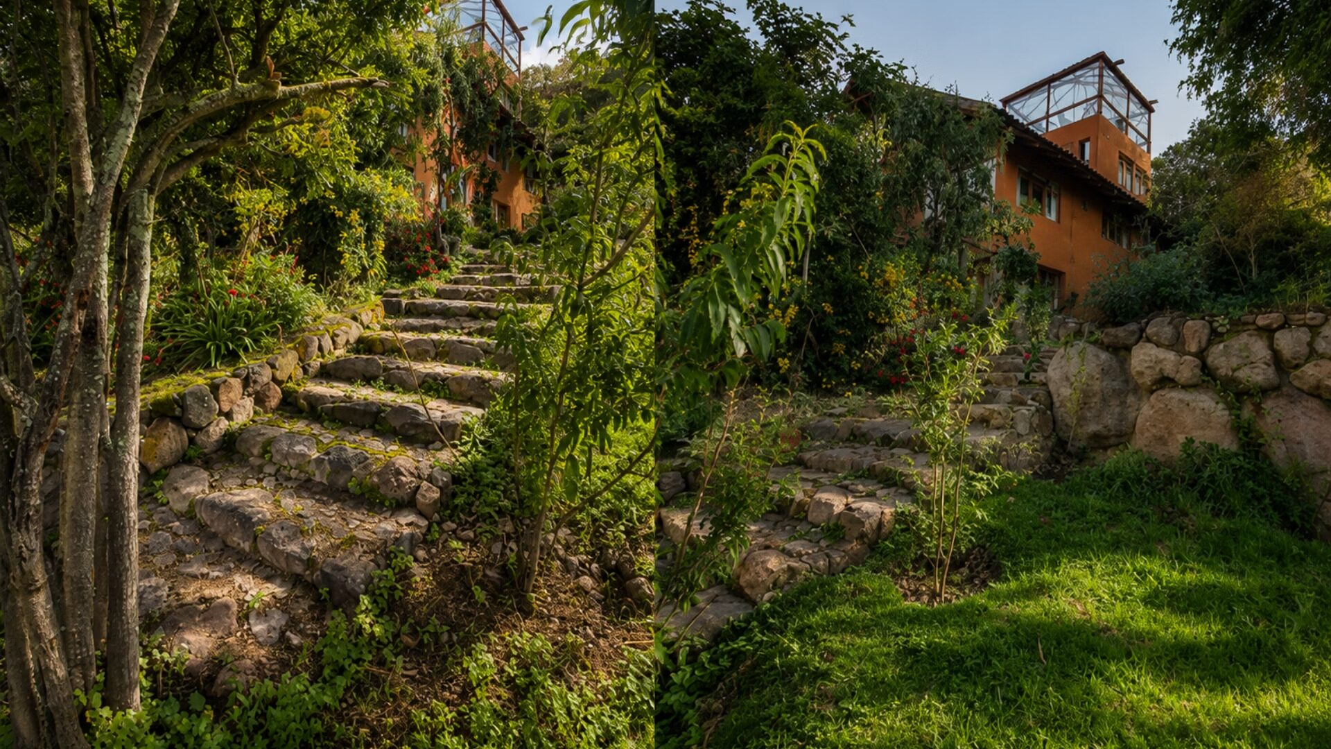 Escalinata empedrada que sube entre los jardines de la propiedad