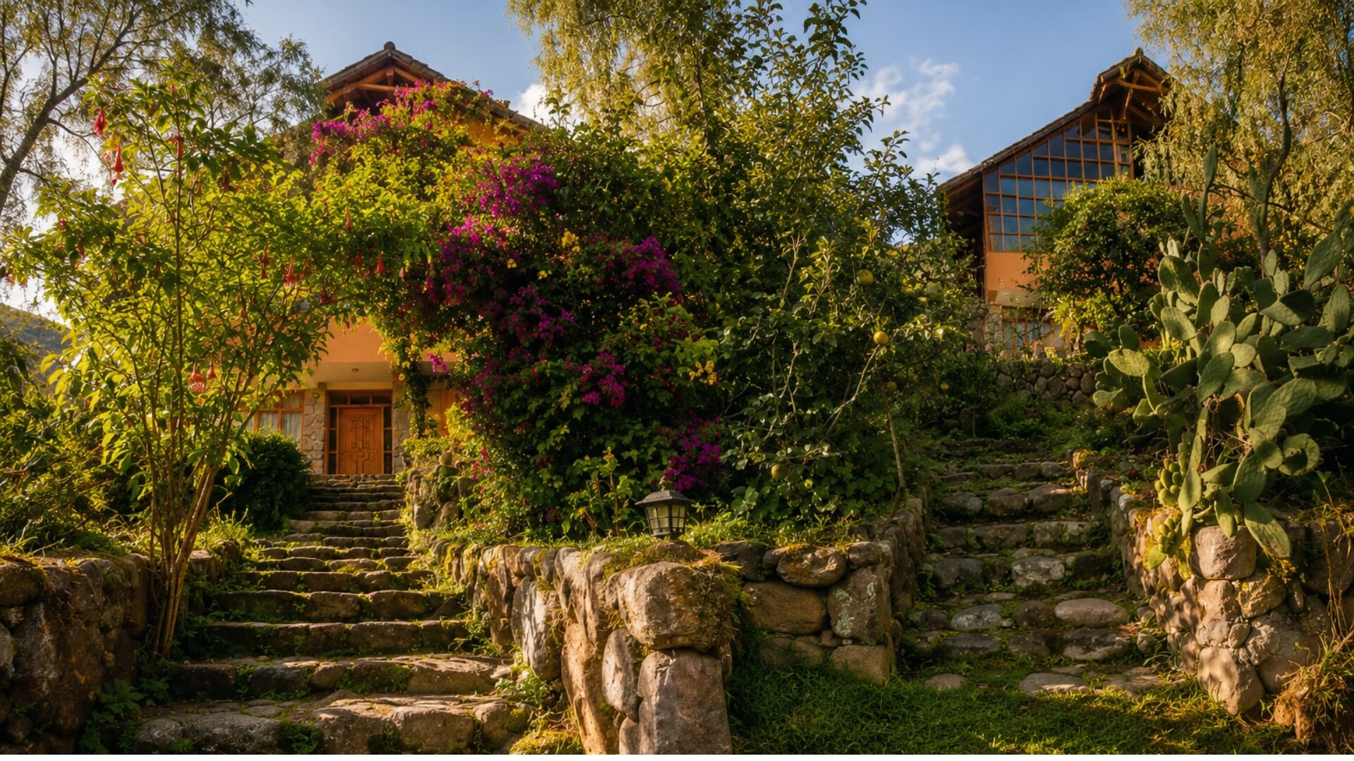 Fachada al atardecer iluminada con buganvilias en flor