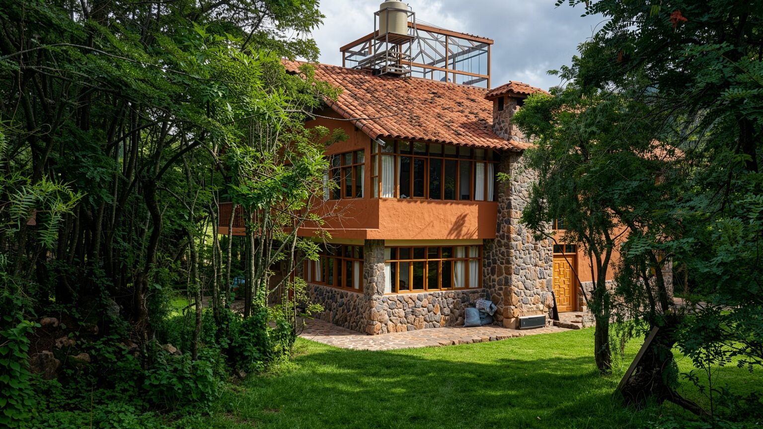 La Casa del Pisonay enmarcada por los árboles de la propiedad