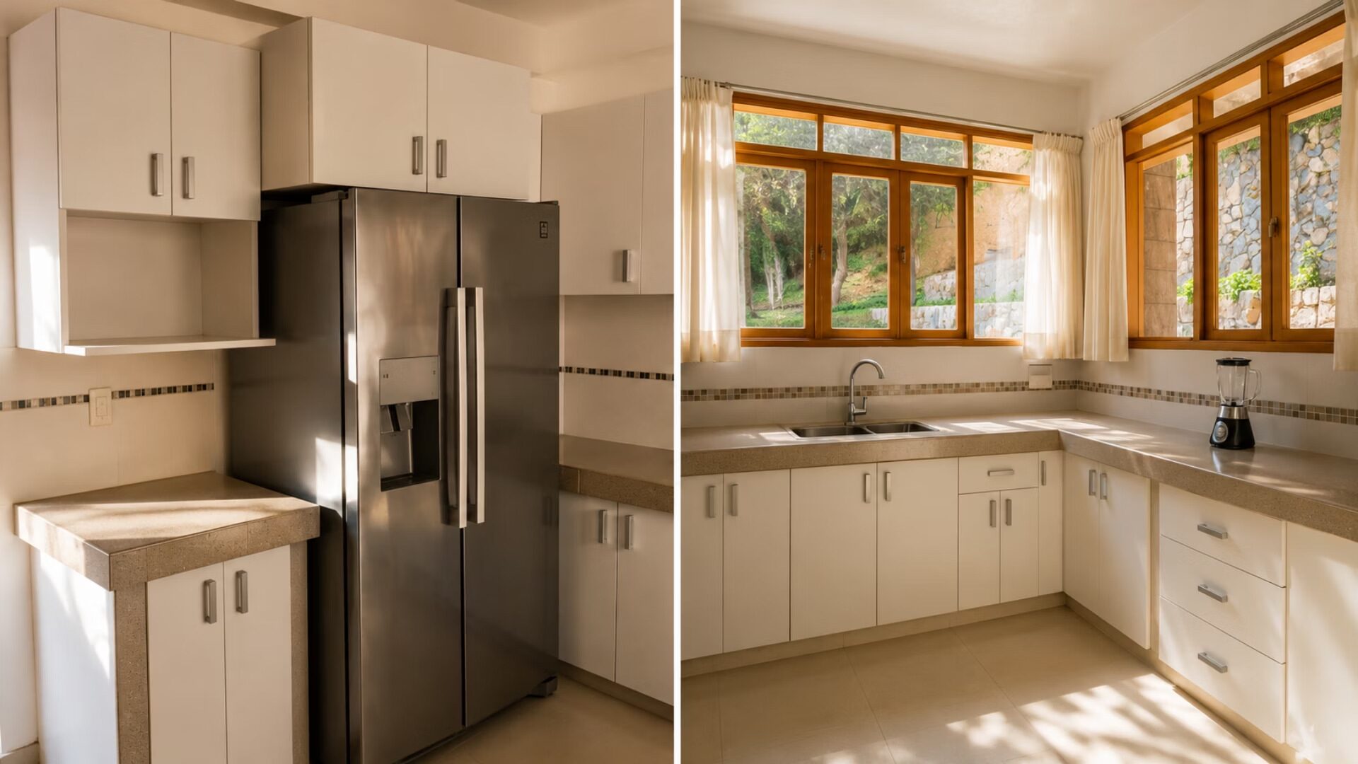 Cocina blanca equipada con refrigerador de dos puertas