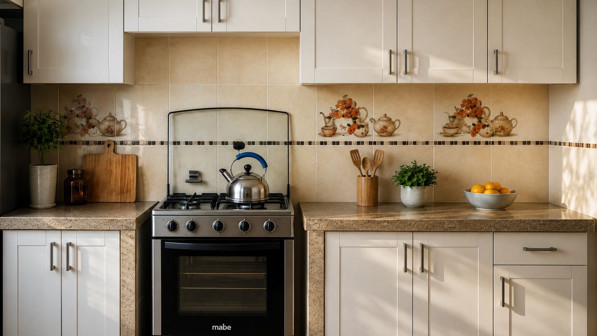 Zona de cocina con horno, estufa y utensilios listos
