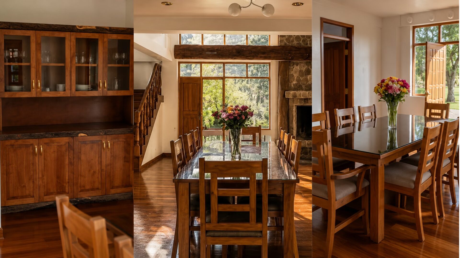 Comedor con mesa de madera maciza, sillas y sala anexa