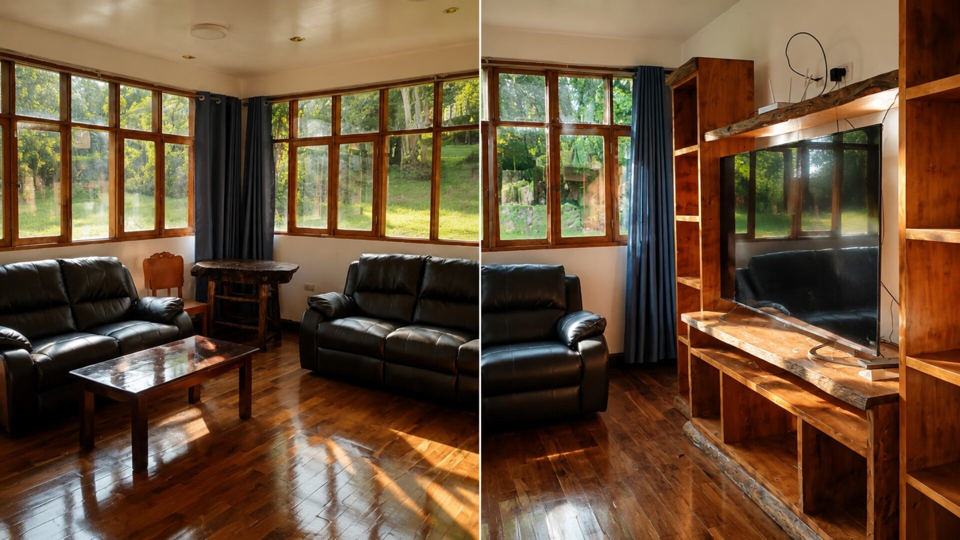 Comedor integrado a la sala con vista al jardín