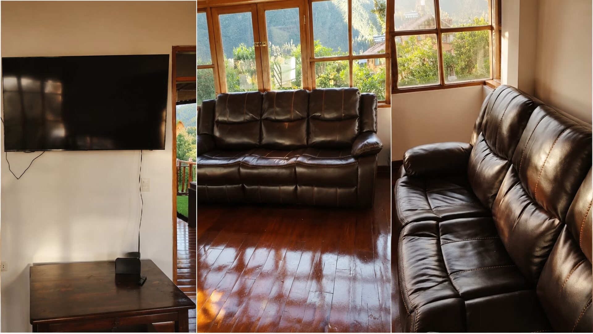 Sala de TV con sofás de cuero amplios para grupos