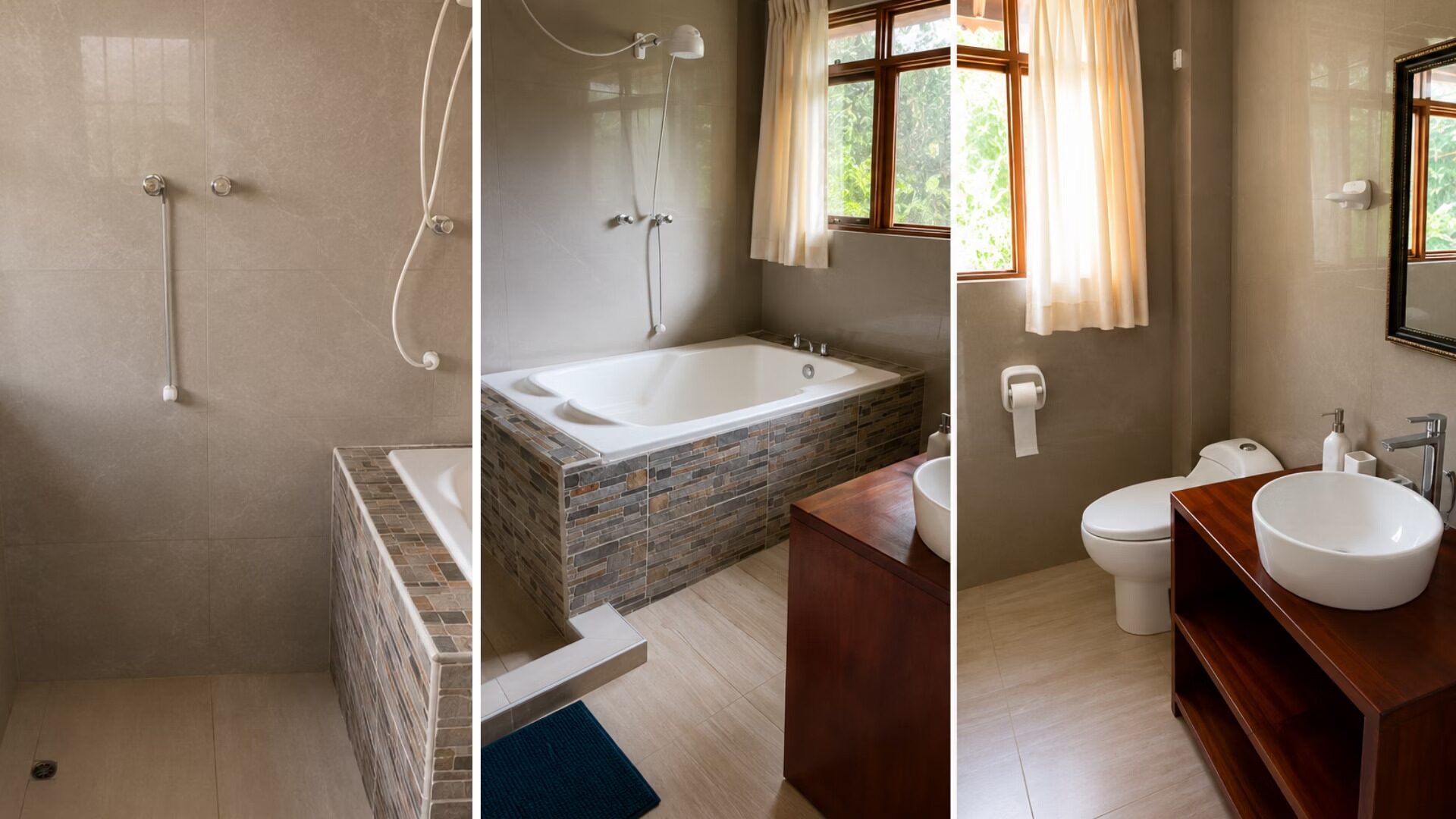 Baño completo con tina y acabados en piedra