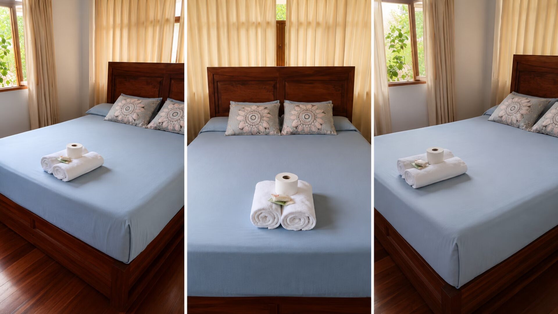Habitación con cama king vestida con toallas dispuestas para huéspedes