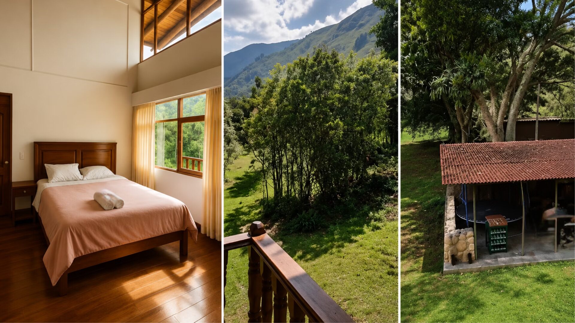 Habitación con cama doble y ventana con vista al jardín