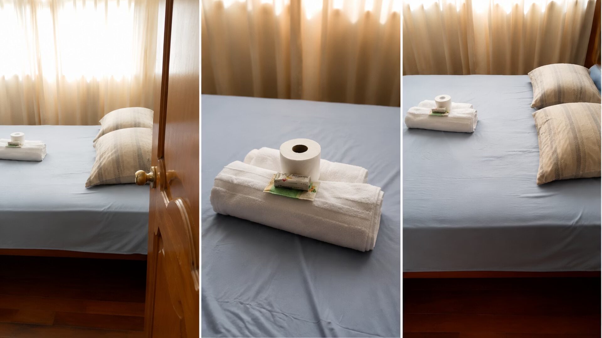 Habitación con cama king y detalles cálidos en madera